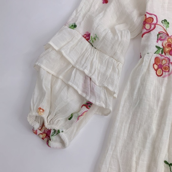 Anthropologie Fig and Flower embroidered Ruffled Sleeve Dress Small Creme Pink - Picture 4 of 14